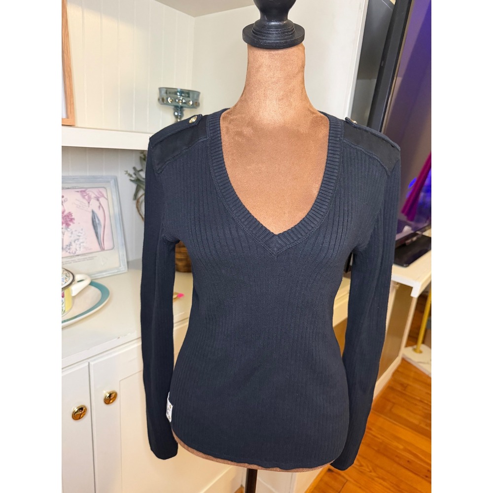 Lauren Ralph Lauren Navy Blue Ribbed V-Neck Military Epaulette Sweater L Y2K